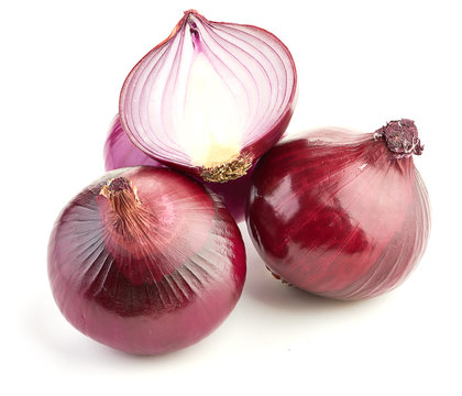 Red sliced onion isolated on white background