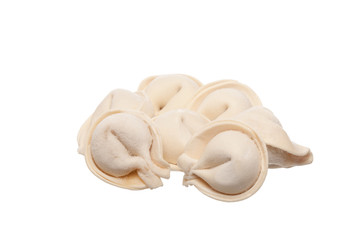 bunch of fresh frozen dumplings ready for cooking, isolated on w