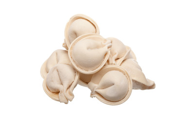 bunch of fresh frozen dumplings ready for cooking, isolated on w