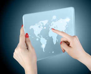 woman hand touch world map and connection