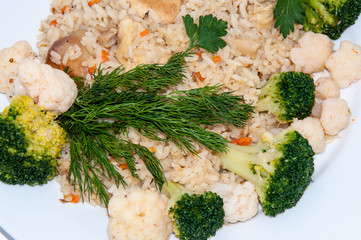 Rice with meat and fresh herbs.