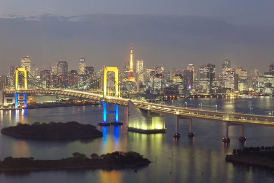 tokyo city with rainbow bridge and tokyo tower