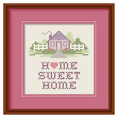 Home Sweet Home Cross Stitch Needlework Embroidery, heart, frame