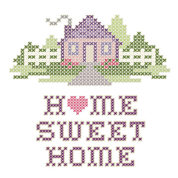 Home Sweet Home Cross Stitch Needlework Embroidery, pastel heart