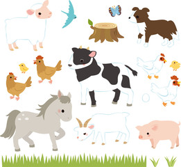 牧場の牛、豚、鶏と動物たち - obrazy, fototapety, plakaty