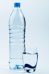 A clean transparent bottle and a glass of water