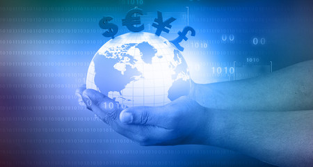World with  financial symbols coming from hand.