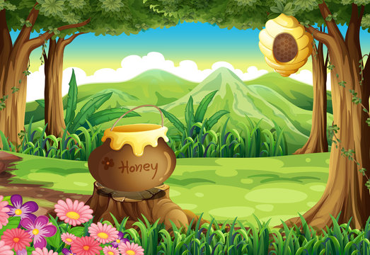 A stump at the jungle with a big pot of honey