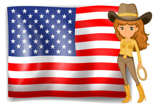 A cowgirl and the United States of America flag