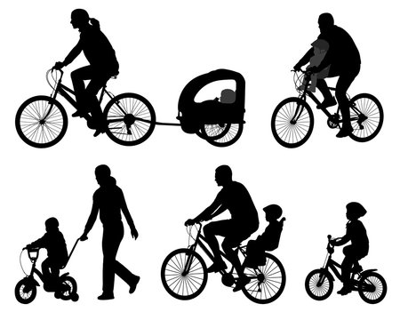 parents riding bicycles with their kids silhouettes - vector