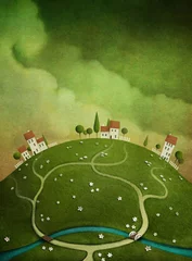 Foto op Plexiglas Groen Achtergrond met huizen op de heuvel.
