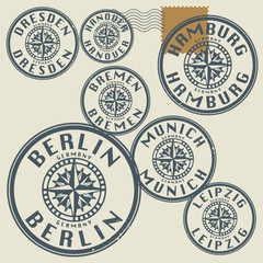 Grunge rubber stamp set with names of Germany cities