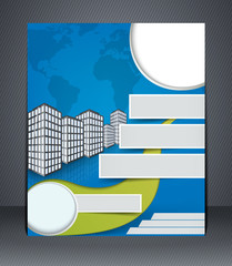Blue business flyer or brochure. Design template with the city
