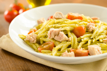 Trofie al pesto,tonno e pomodo, Italian cuisine