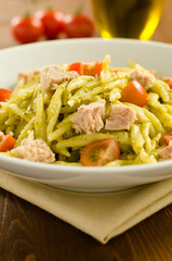 Trofie al pesto,tonno e pomodo, Italian cuisine