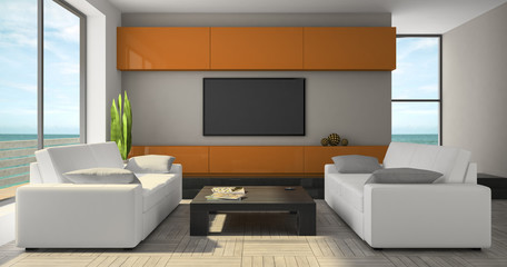 Modern interior with orange cabinet and seaview