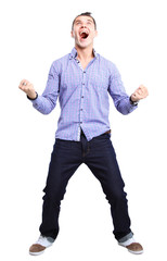 Excited handsome man with arms raised in success