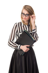 young secretary holding folders with documents