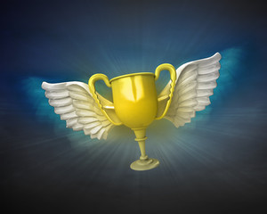 champion cup with angelic wings flight in dark sky