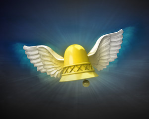 golden bell with angelic wings flight in dark sky