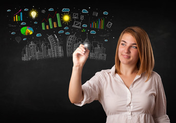 Cute woman sketching city and graph icons