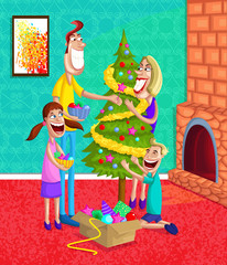 Obraz na płótnie Canvas Happy family decorating Christmas Tree