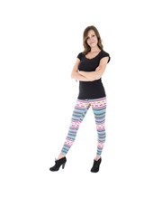 confident female model wearing colorful tight leggings and black