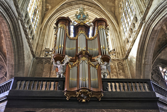 Organ instrument of gothic church Notre Dame au Sablon