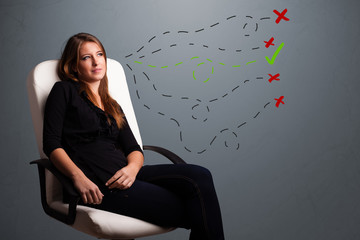 Young woman choosing between right and wrong signs