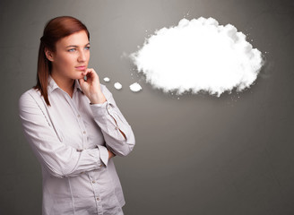 Pretty lady thinking about cloud speech or thought bubble with c