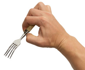 dining fork in hand on white background