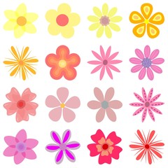 Fototapeta na wymiar Set mit 16 einfachen Blumen in gelb, rosa, pink, orange und rot