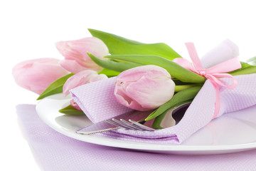 Romantic dinner / table setting with roses tulips and cutlery, o