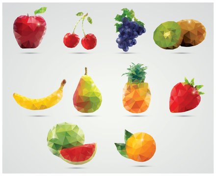 Collection of geometric polygonal fruits, vector