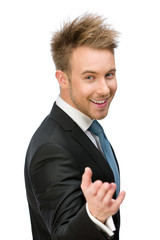 Half-length portrait of manager with palm up, isolated 