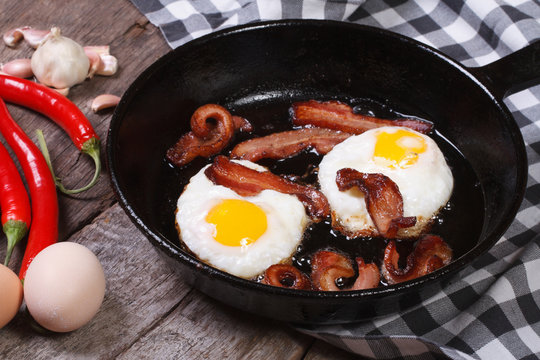 fried eggs with bacon in a skillet