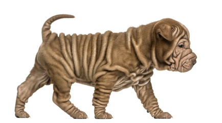 Side view of a Shar Pei puppy walking, looking down