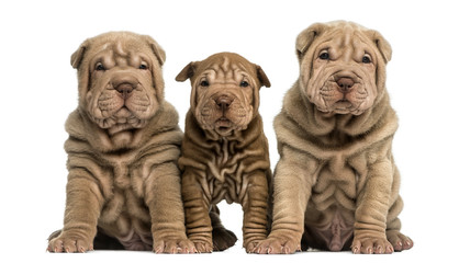 Front view of three Shar Pei puppies sitting