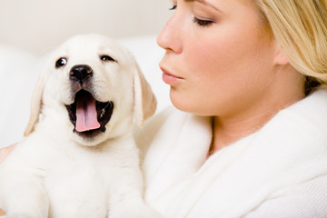 Woman hands the yawning puppy of Labrador