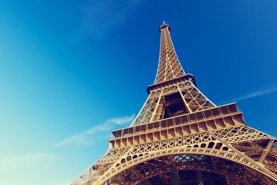 sunny morning and Eiffel Tower, Paris, France