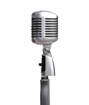 Close up of silver microphone, isolated on white