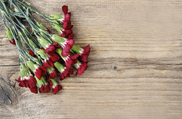 Fototapeta na wymiar Bouquet of red carnation flowers on wooden background. Top view,