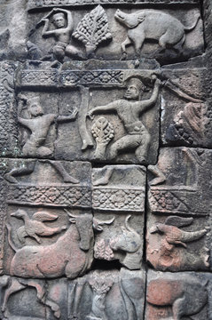 Detail of stone carving at Baphuon temple,  Cambodia.