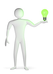 3d man with green light bulb on his palm