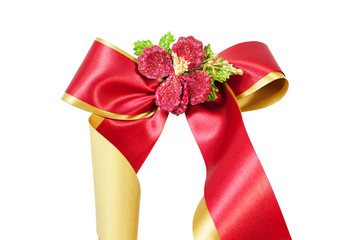 Red and Golden satin gift bow on white