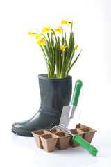 garden tools, boots and spring flowers