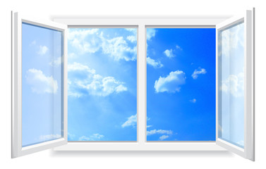 Open window and the cloudy sky.