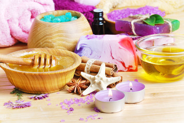 Spa setting with natural soap and sea salt