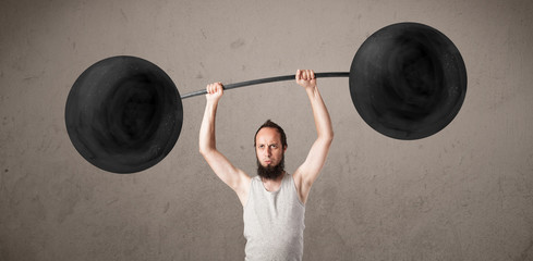 Funny skinny guy lifting weights