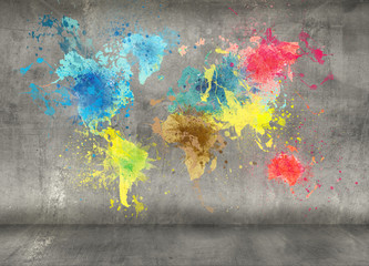 world map made of paint splashes on concrete wall background